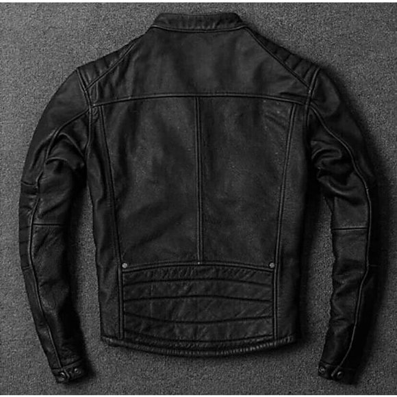 Men's Black Genuine Sheep Leather Cafe Racer Biker Distressed Jacket - Picture 2 of 3